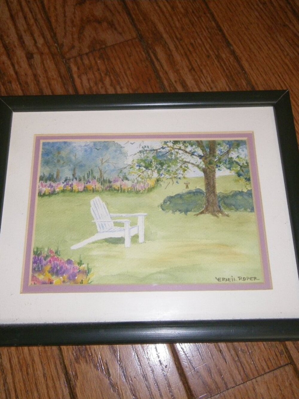 Vintage Small Framed Watercolor Painting Adirondack Chair Country Verneil Roper